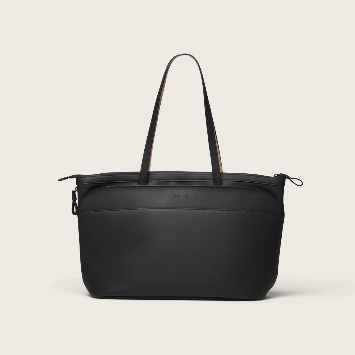 Nomatic Aria Tote 20L in black soft-touch vegan leather with twin top handles and a slim front zip pocket
