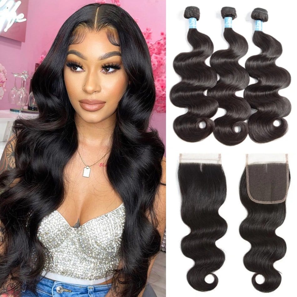 Three Amanda Hair Brazilian body wave human-hair bundles with a 4x4 lace closure, beside a model wearing body wave hair