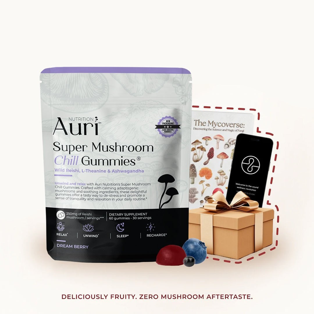 Auri Super Mushroom Chill Gummies pouch with purple berry gummies and a gift box