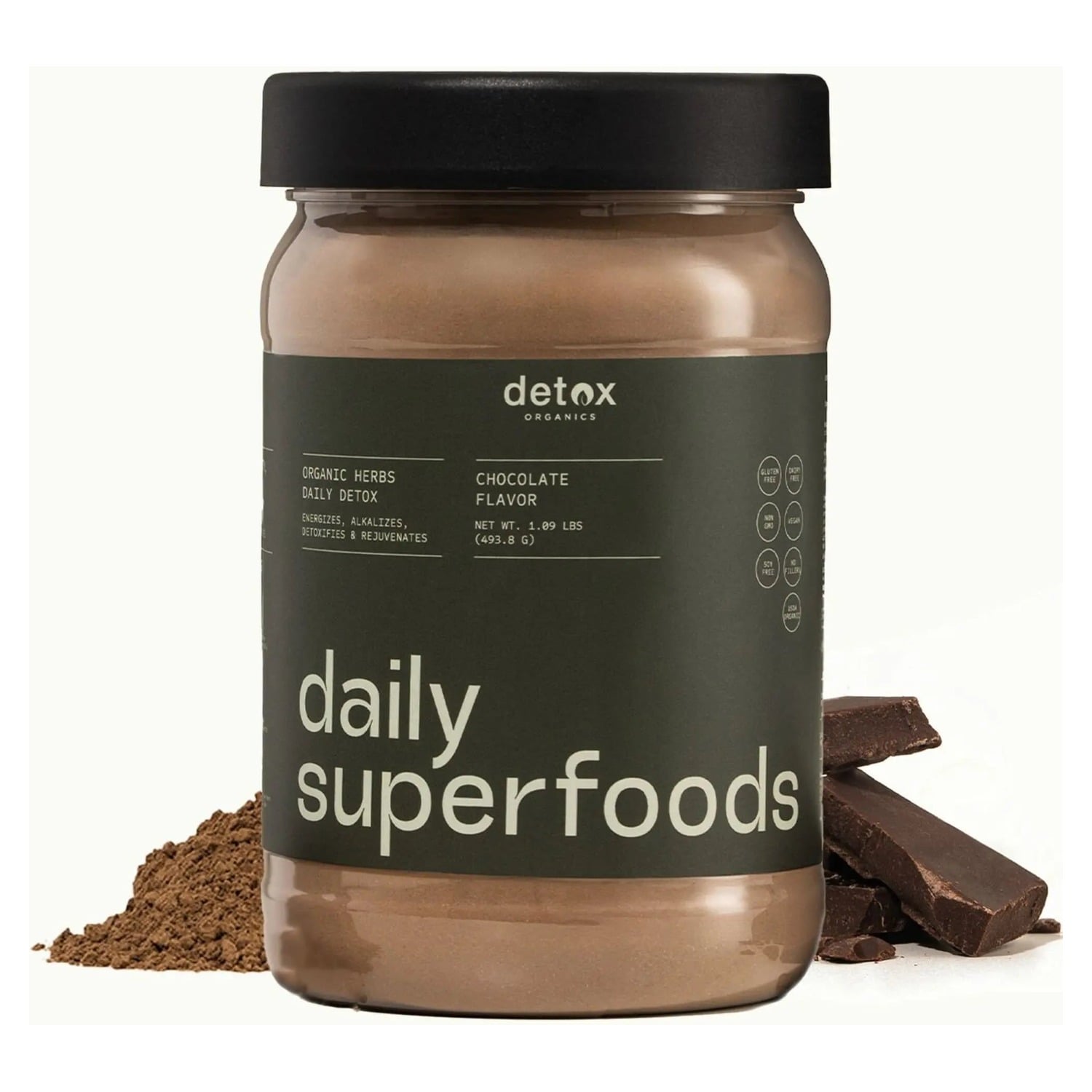 Detox Organics Daily Superfoods chocolate greens powder tub centred on white with cocoa powder and dark chocolate