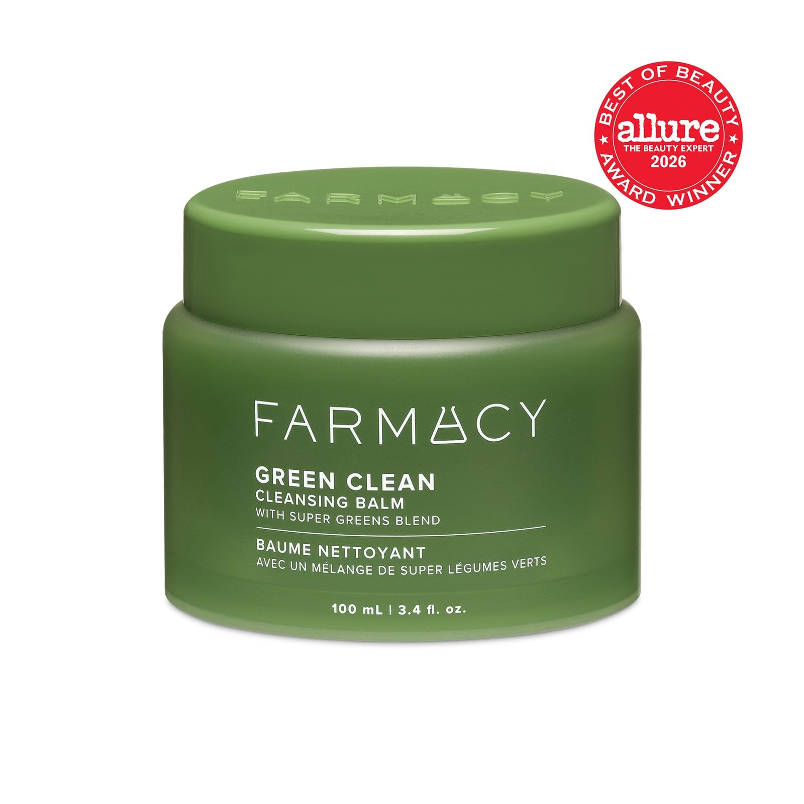 Farmacy Green Clean Cleansing Balm in a 100 ml sage-green jar with a Farmacy-embossed lid and an Allure Best of Beauty award badge