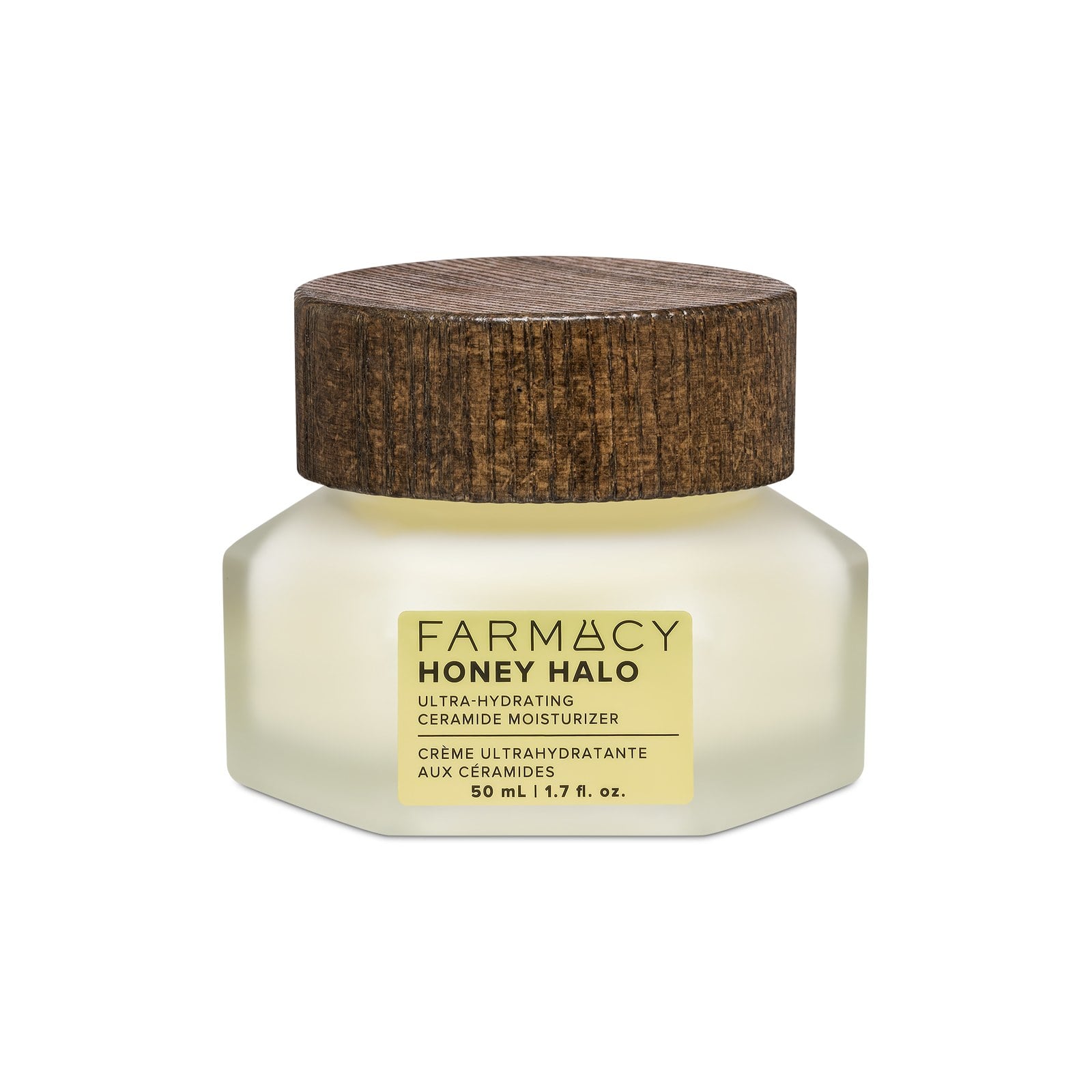 Farmacy Honey Halo Ultra-Hydrating Ceramide Moisturizer in a frosted 50 ml glass jar with a dark wood-effect lid
