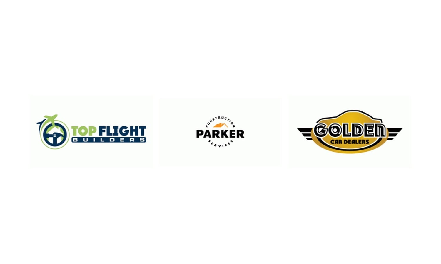 Three LogoNerds portfolio logos for small businesses centred on white: Top Flight Builders, Parker Construction, Golden Car Dealers