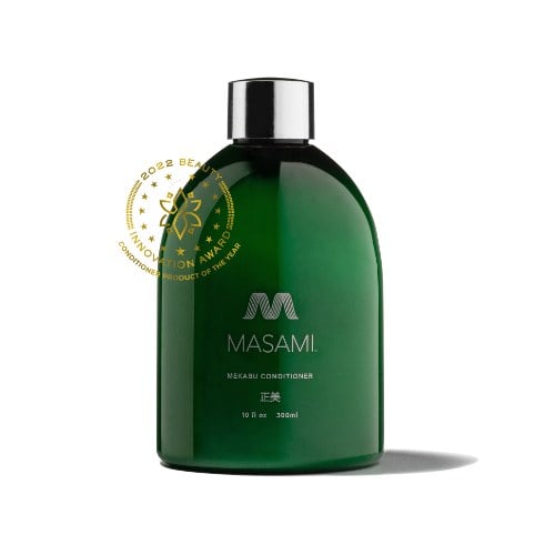 MASAMI Mekabu Hydrating Conditioner in a 10 fl oz dark green bottle with a silver cap and a 2022 Beauty Innovation Award seal