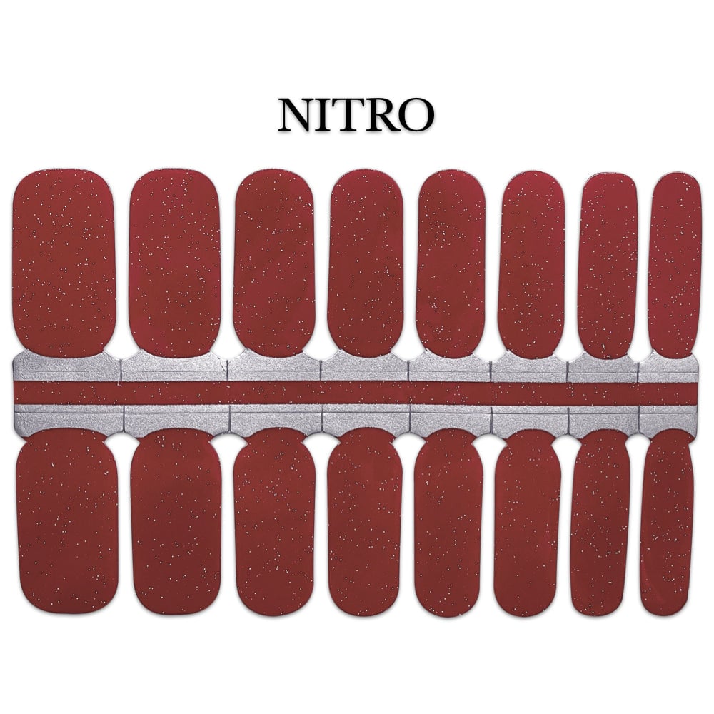 Sheet of Nitro nail wraps: sixteen brick-red strips with fine silver glitter in graduated nail sizes