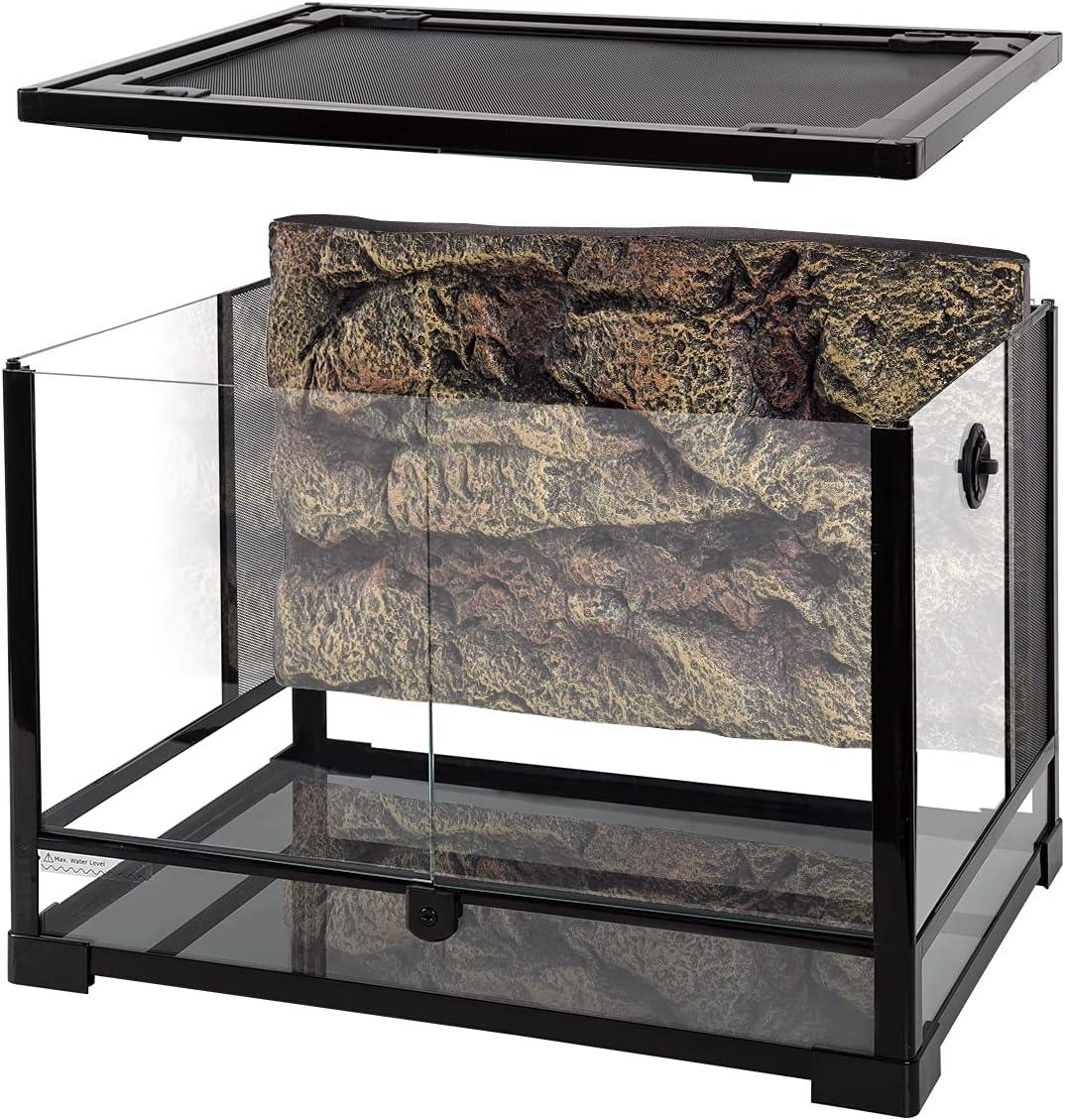 REPTI ZOO 34 gallon glass reptile terrarium with a black frame, removable mesh lid and textured foam rock background