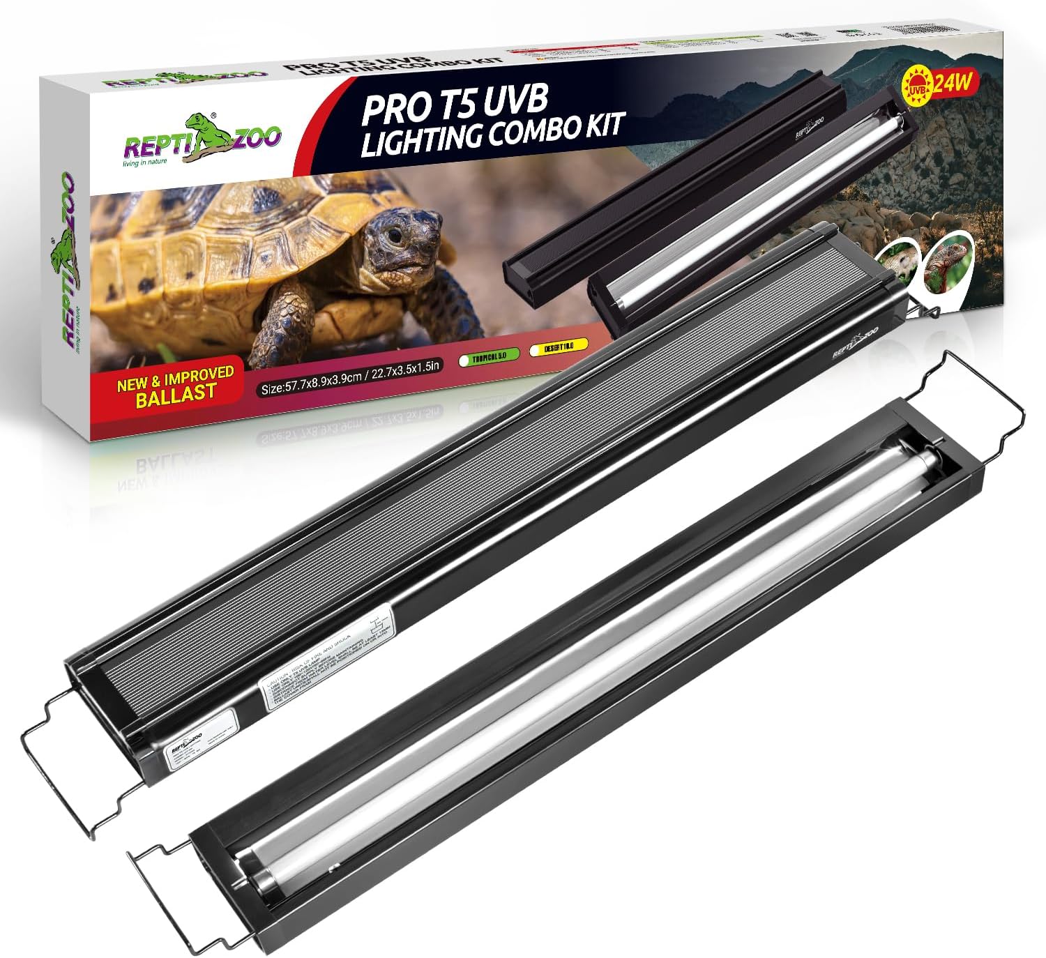 REPTI ZOO Pro T5 UVB lighting combo kit box shown with two black reflector fixtures and a fluorescent UVB tube