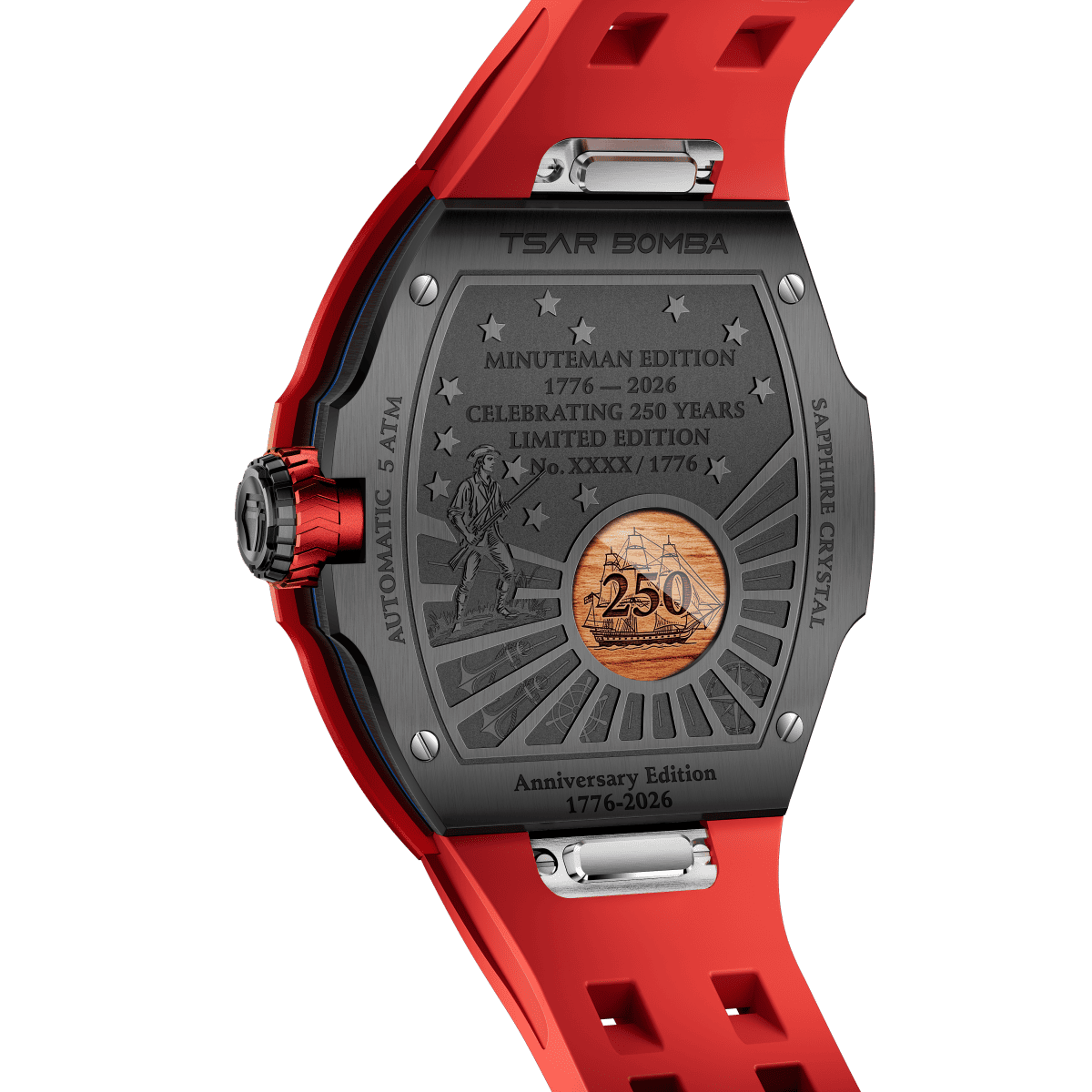 Red and black tonneau-shaped watch with military insignia dial design and deployment buckle strap, shown from side profile