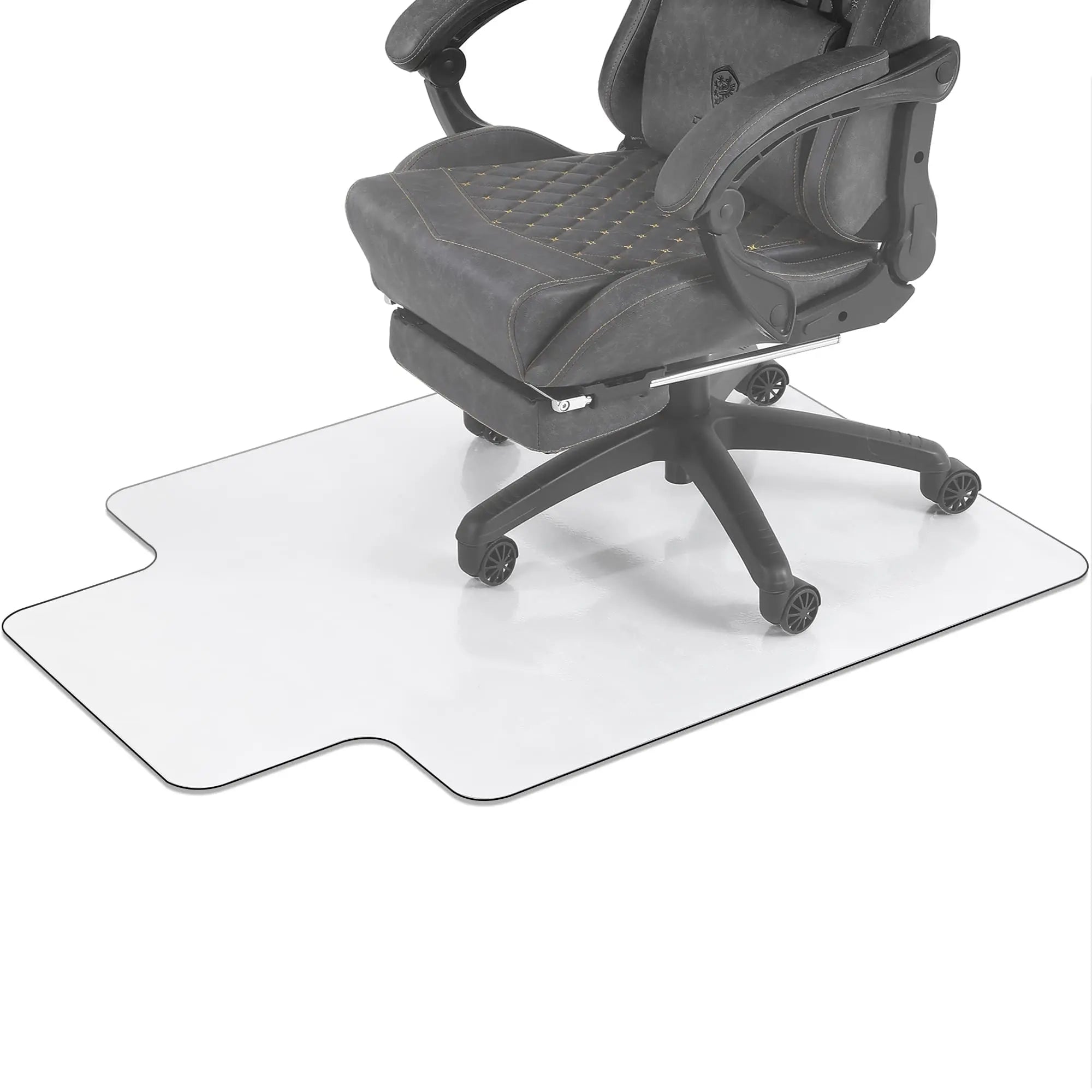 Gaming chair on a white protective mat with wavy edges, shown in an office setting