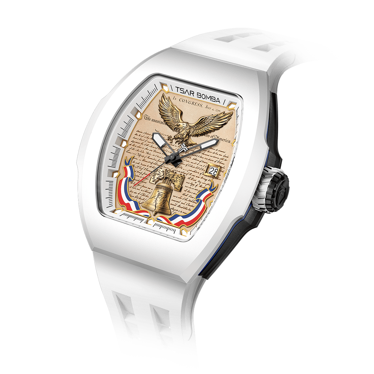 White tonneau-shaped watch with matching constitutional document dial and blue rubber strap accent