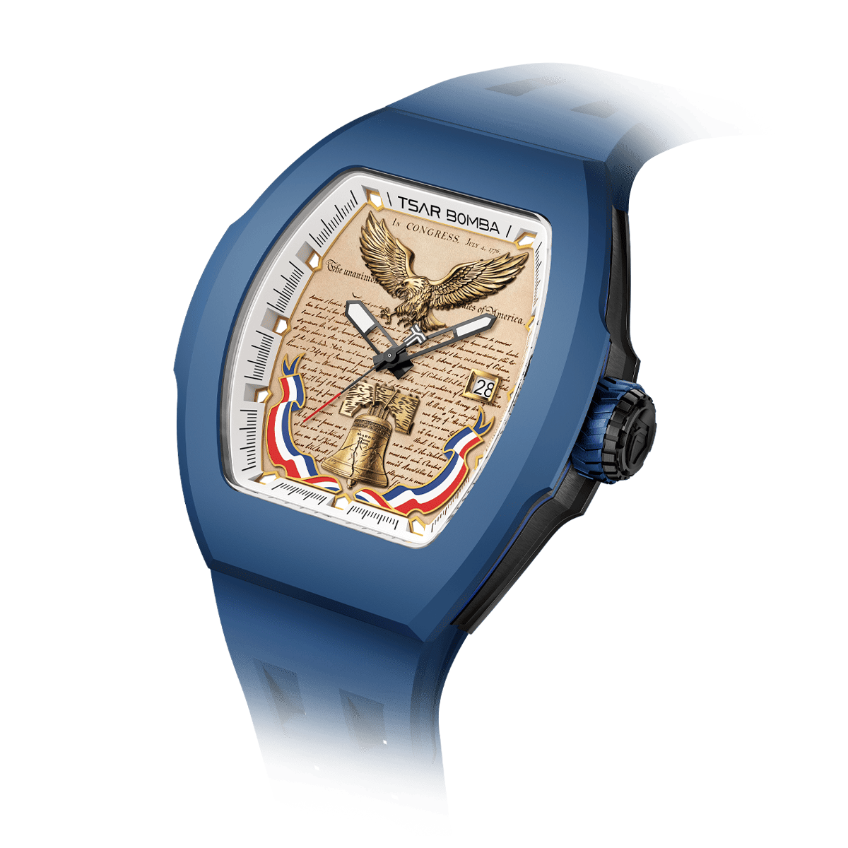 Blue tonneau-shaped watch with eagle emblem and decorative dial