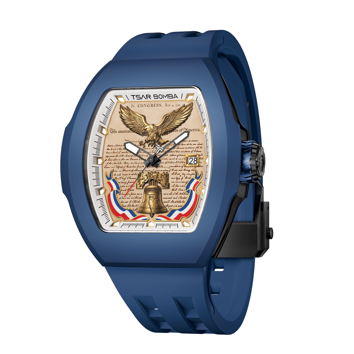 Blue tonneau-shaped watch with Declaration of Independence dial featuring golden eagle and liberty bell