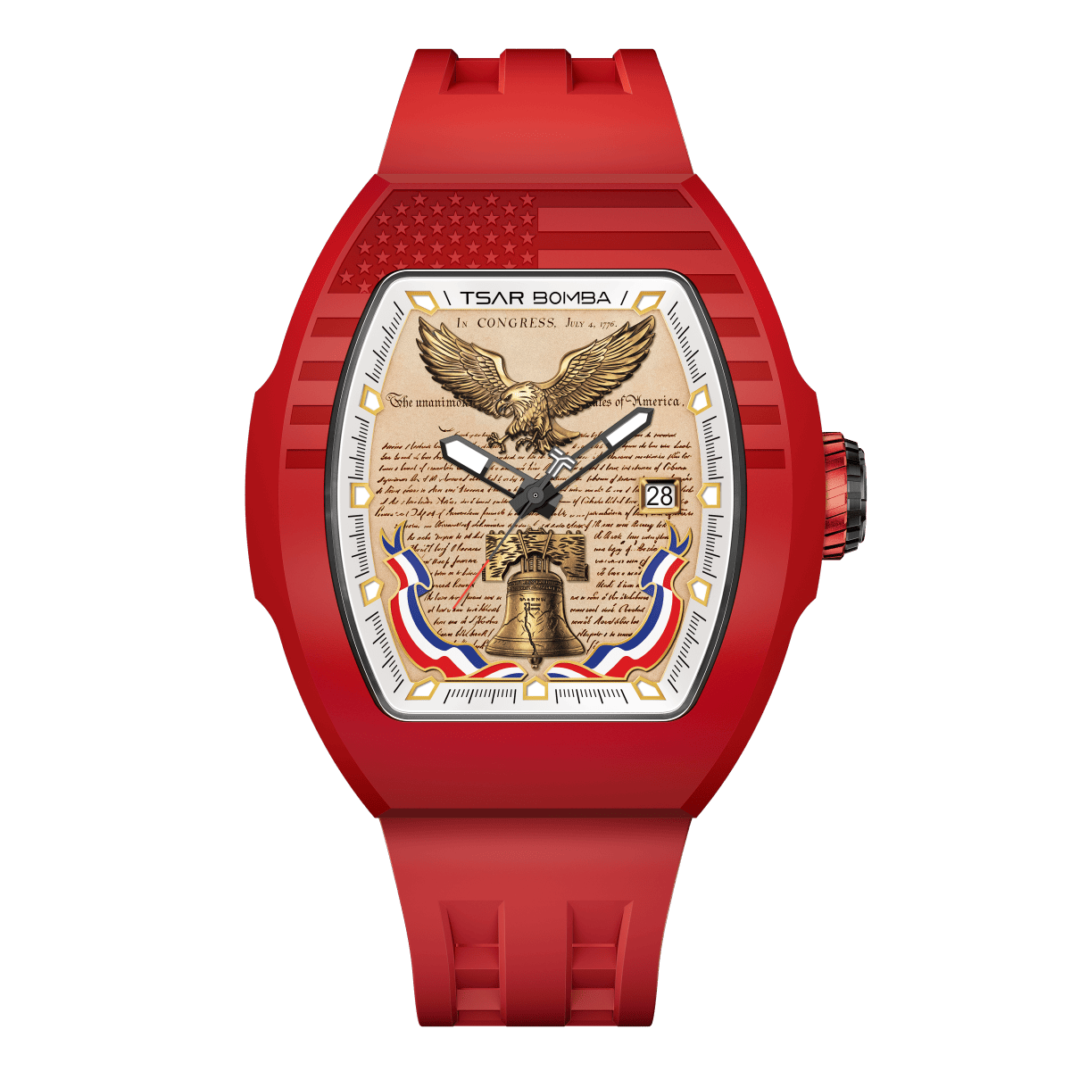 Red and black tonneau watch with eagle and bell imagery dial displayed from front, featuring flag-themed strap design