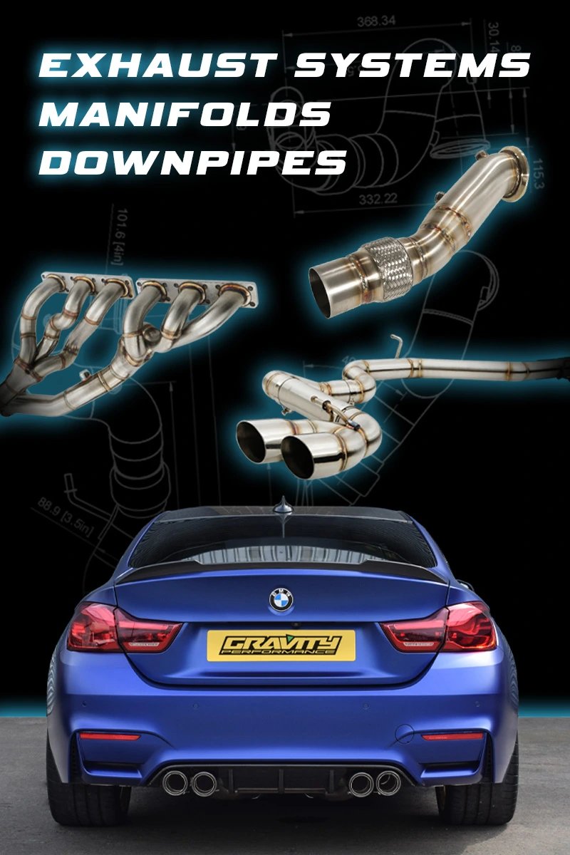 Exhaust systems, manifolds, and downpipes displayed above a blue BMW sedan with technical drawings
