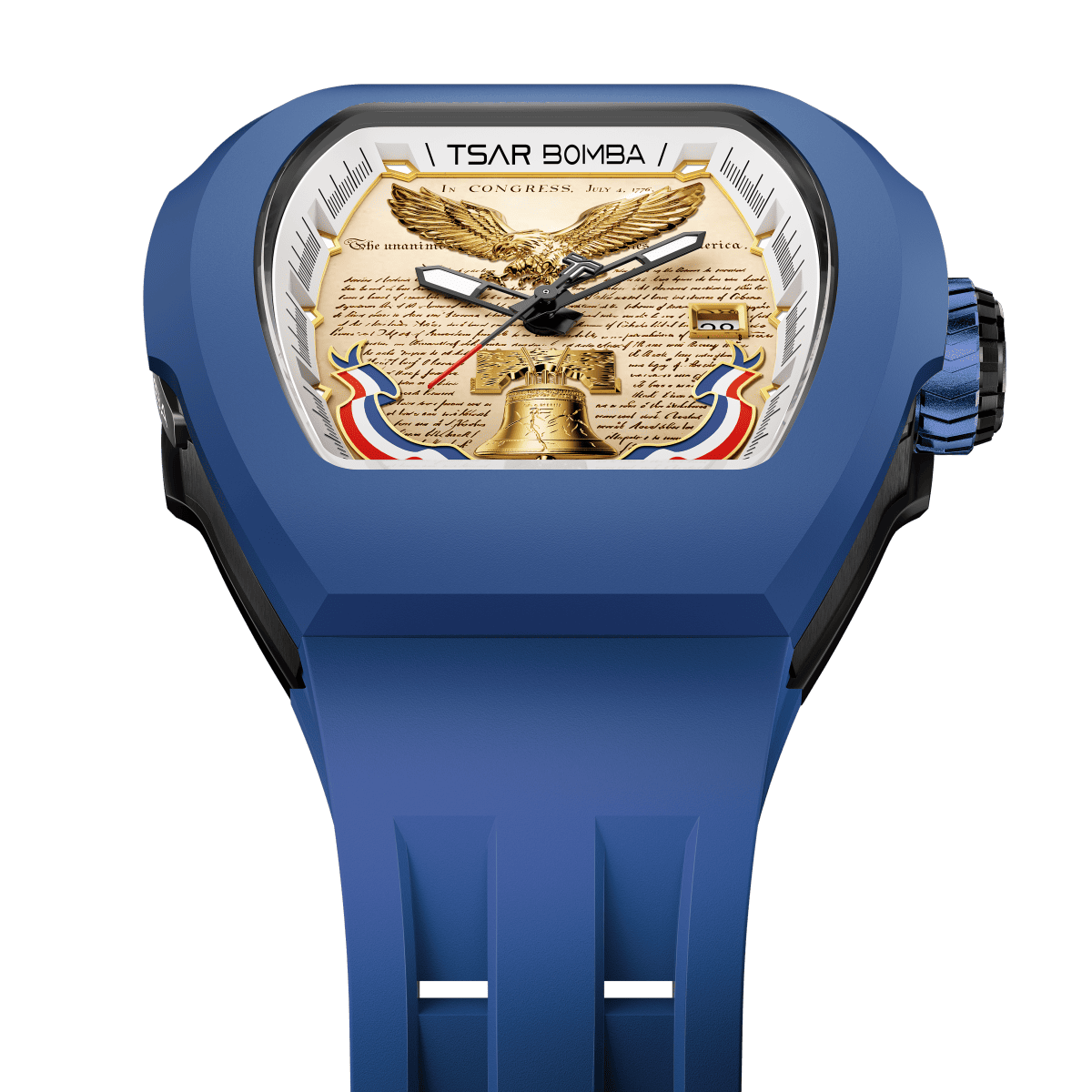 Front-facing view of blue tonneau watch with cream-colored constitutional document dial and golden American symbols