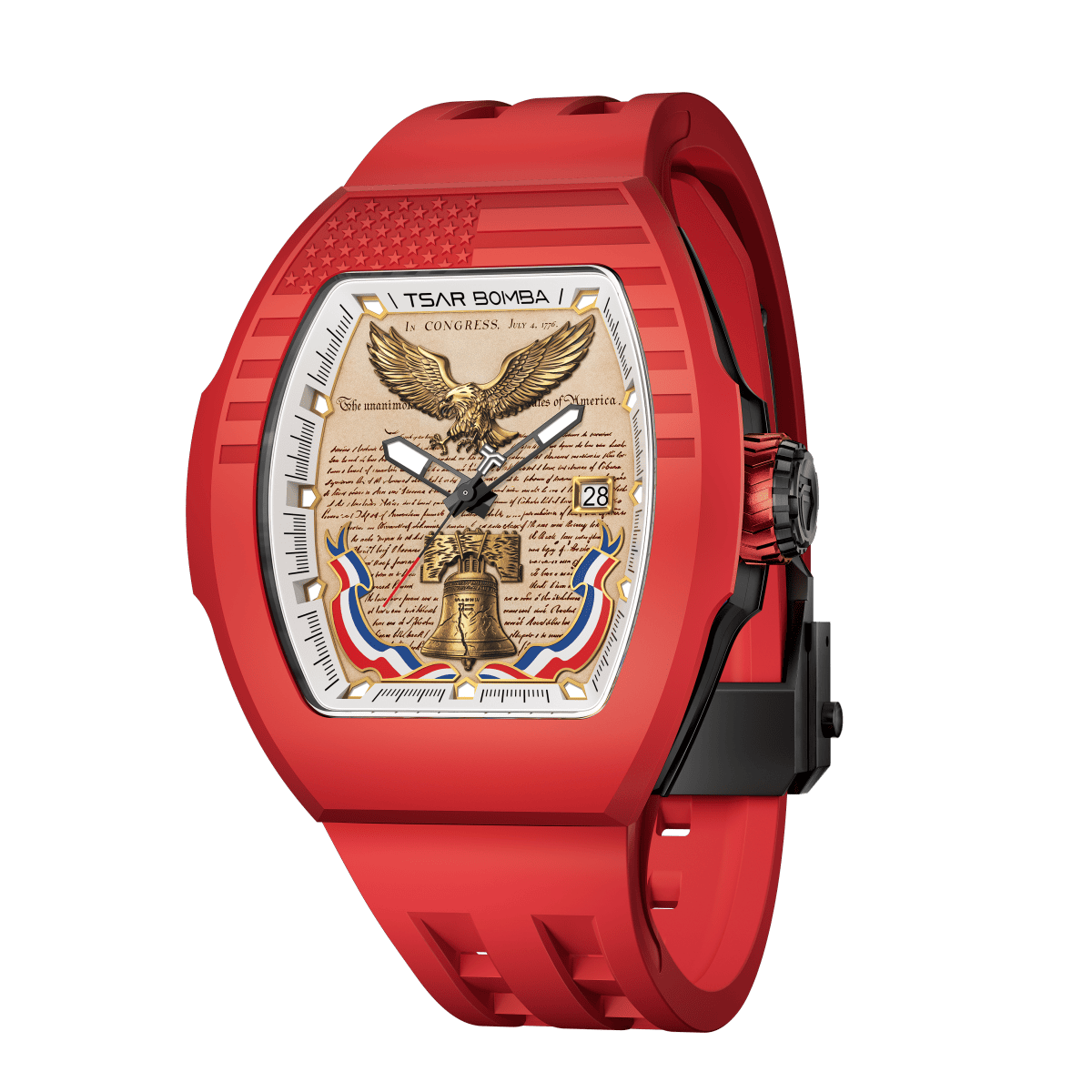 Red and black tonneau watch with large crown detail visible on side, showing American historical iconography dial and fitted rubber strap
