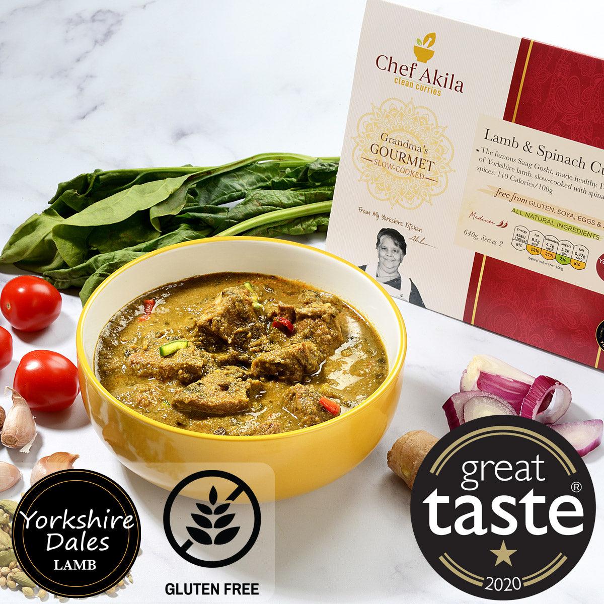 Chef Akila Grandma's Gourmet Lamb & Spinach Curry in yellow bowl with spinach, tomatoes, and spices nearby