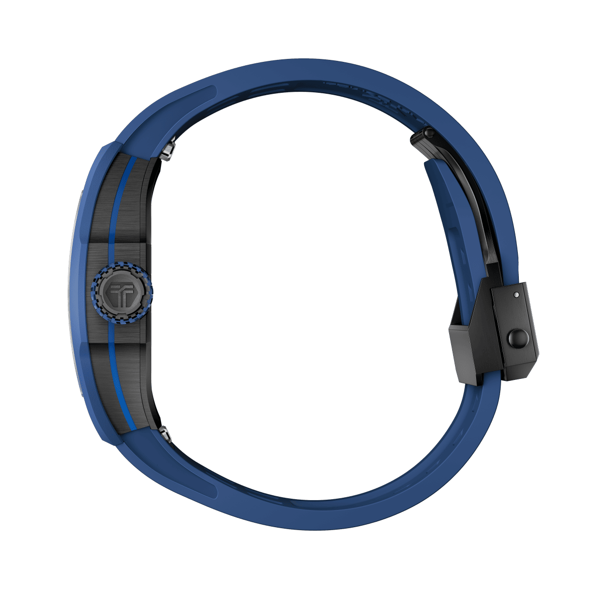 Blue rubber strap with black accents and metallic circular logo detail on watch band