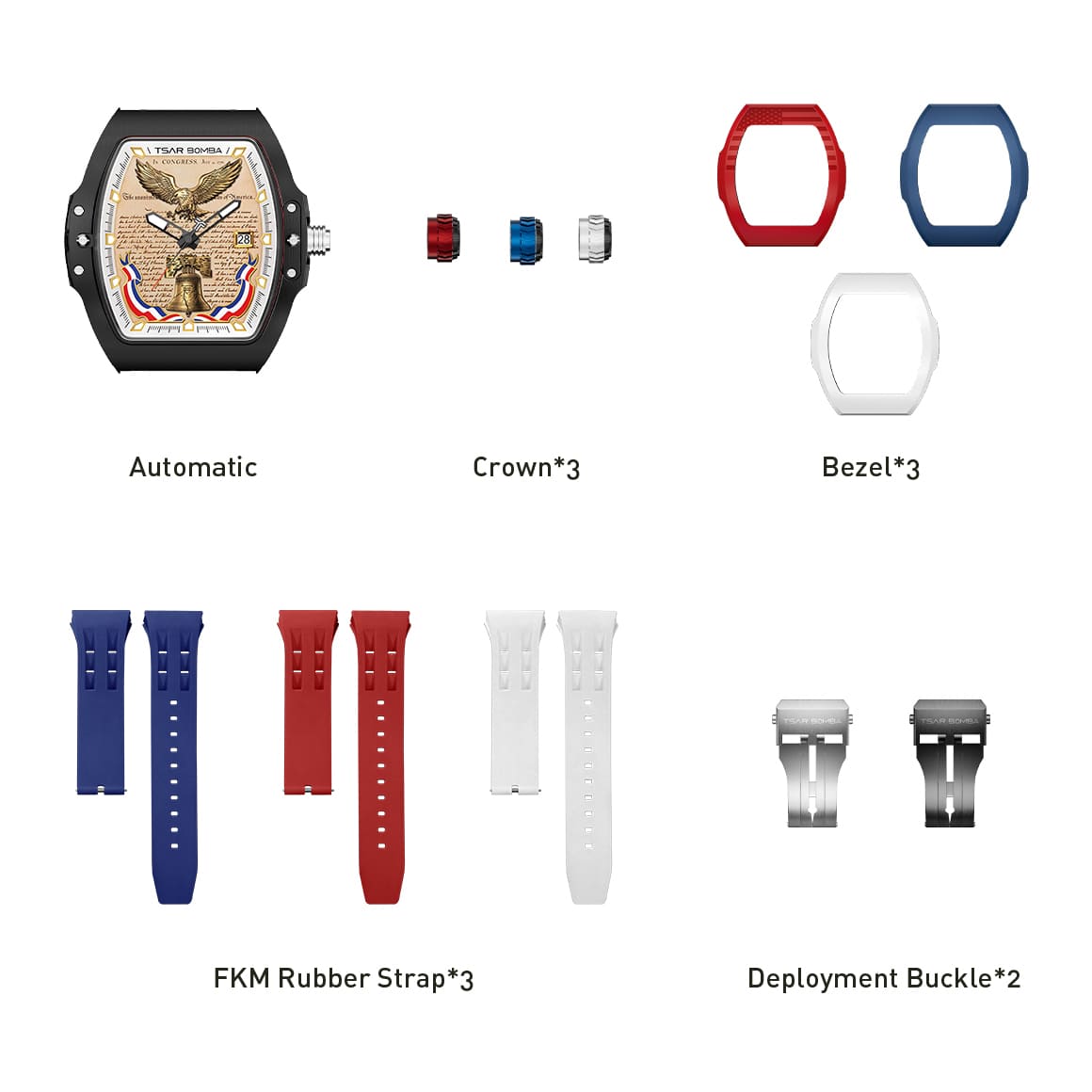 Watch components display showing automatic movement, crown options in three colors, bezel rings in red/blue/white, rubber straps in three colors, and deployment buckles in silver