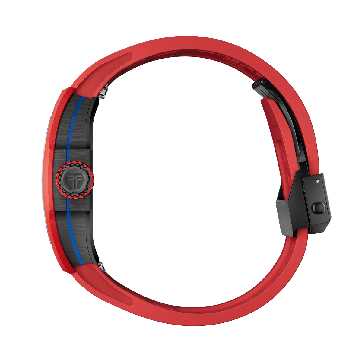 Red sports watch band with black accents and buckle closure