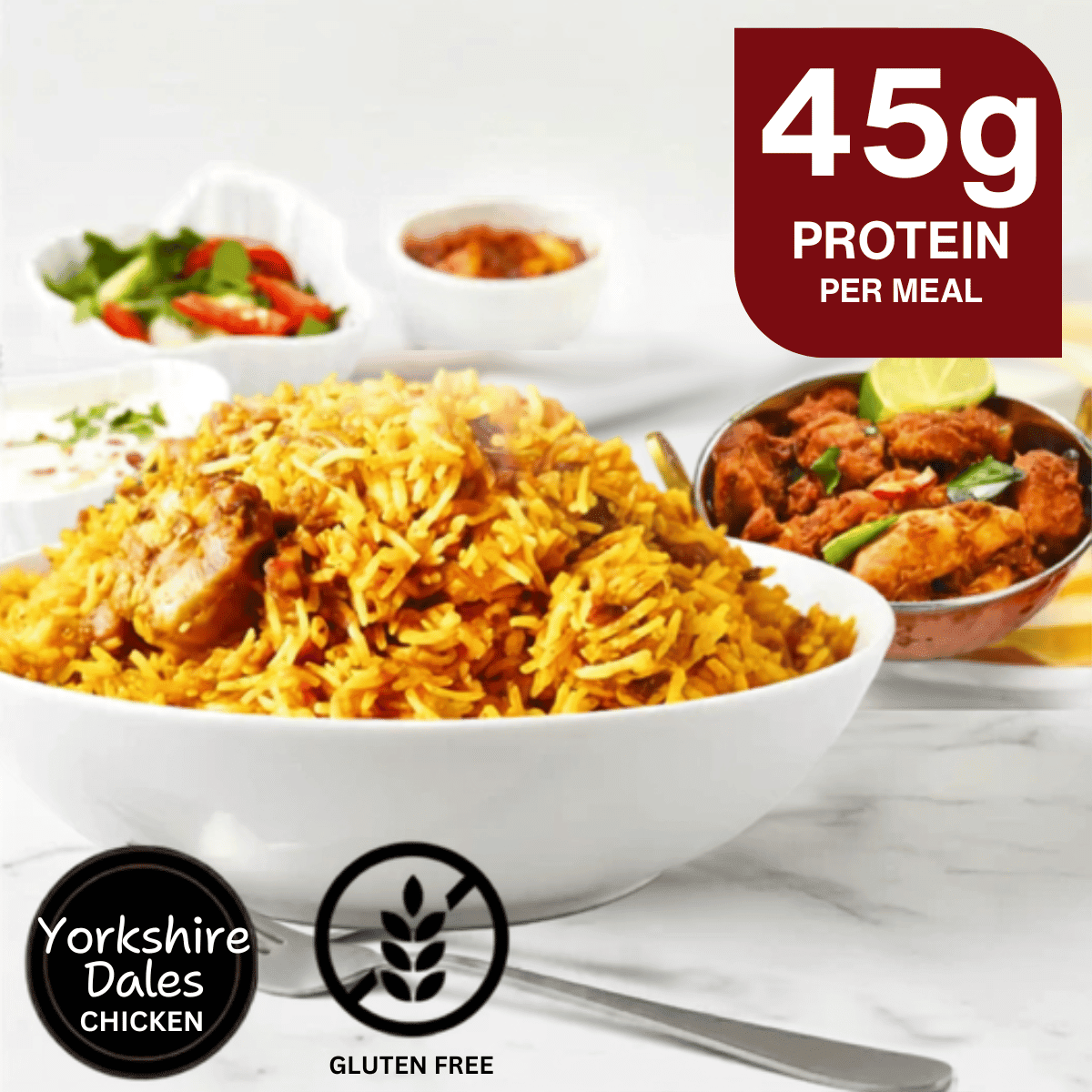 Yellow rice with chicken tandoori and fried onions, 45g protein per meal