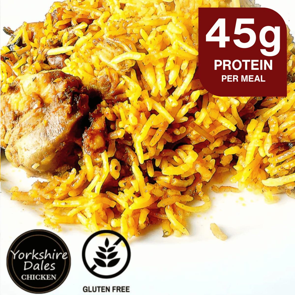 Chicken with turmeric rice and fried onions, 45g protein per meal
